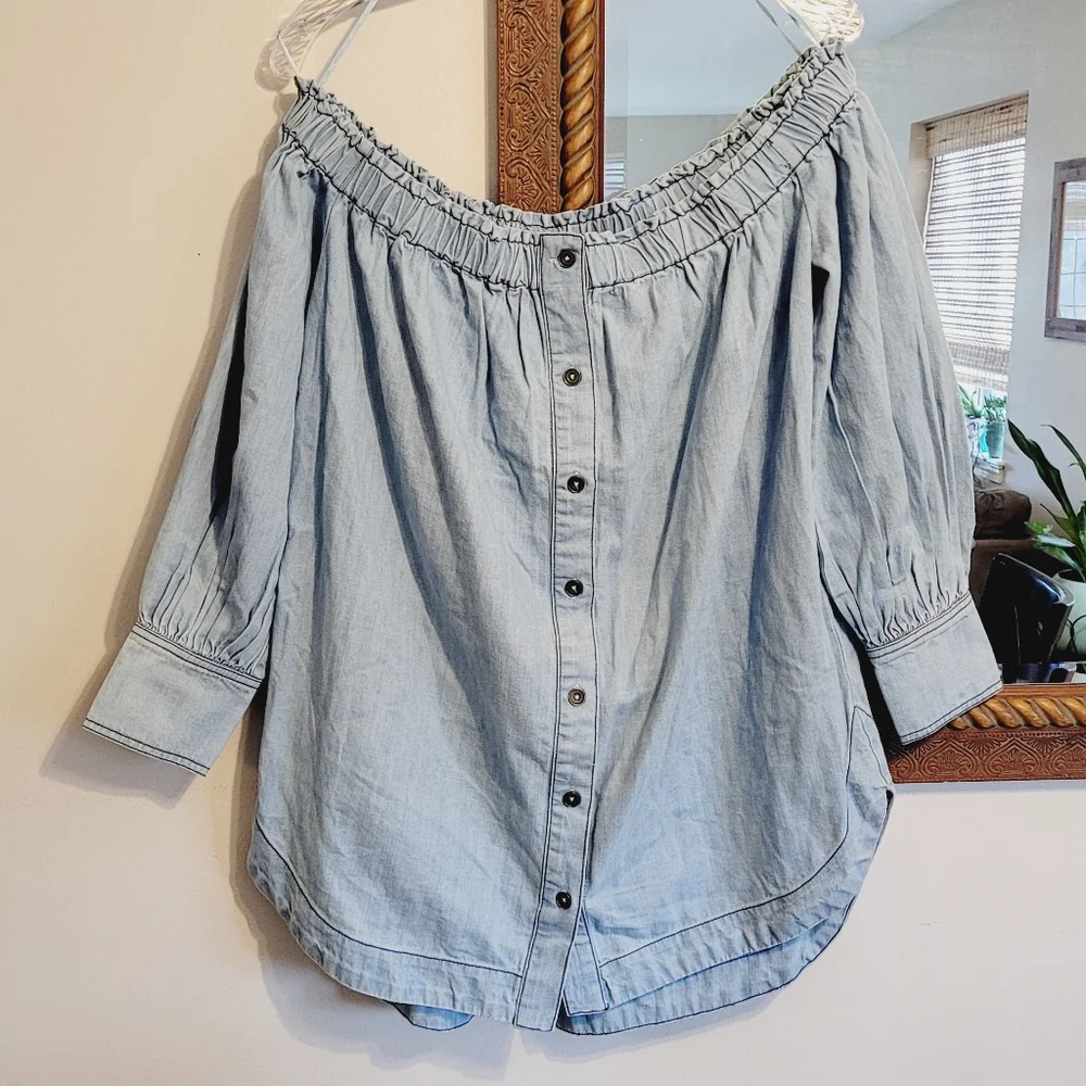 NWT Free People Tigerlily Tunic Light Wash Denim Blue Off The Shoulder Top Shirt - Picture 4 of 6